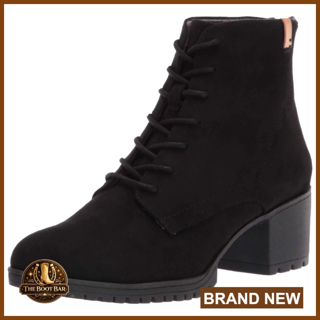 Black Ankle Booties Block Heel Lace Up Zip Back Sustainable Microfiber